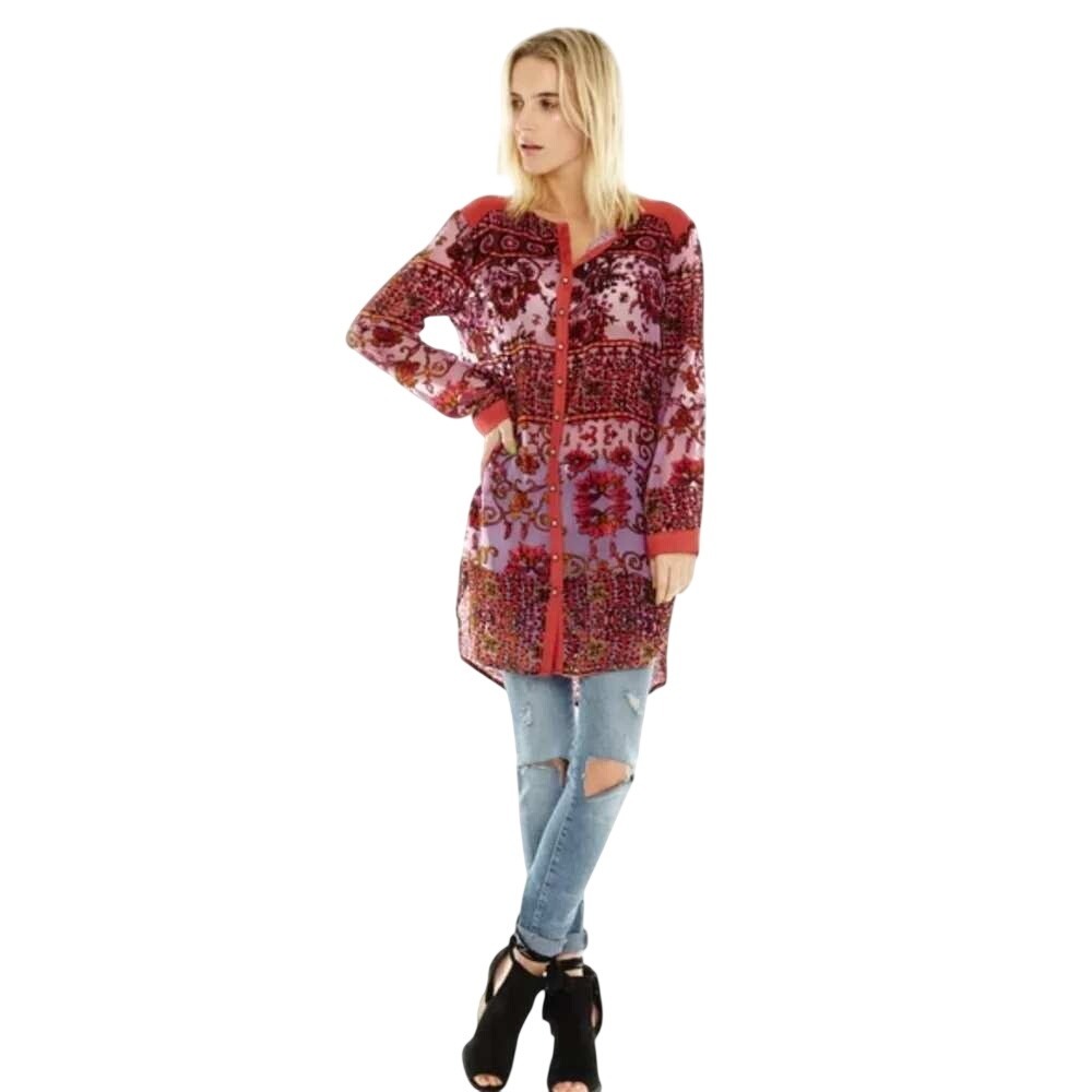 Aratta Silent Journey Tunic Women M Pink Velvet Burnout Floral Boho Button Down